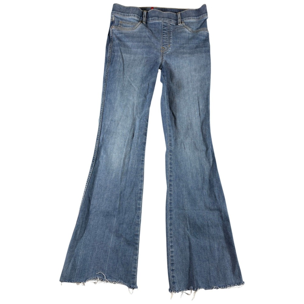 Spanx Flare Jeans Womens Large Blue Denim Bootcut Stretch Distressed Hem